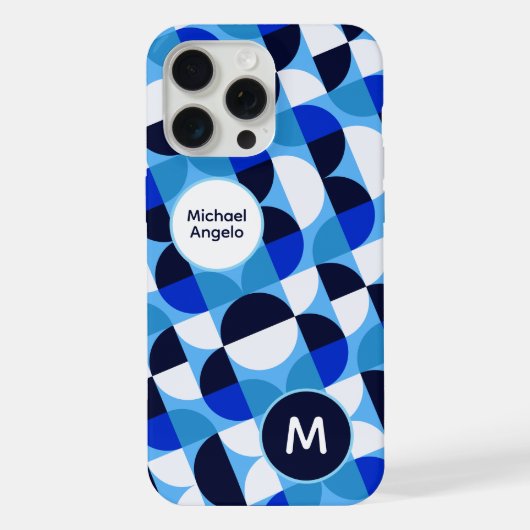 Blue Geometric Mosaic Bauhaus Monogram Custom Name iPhoneケース (裏面)