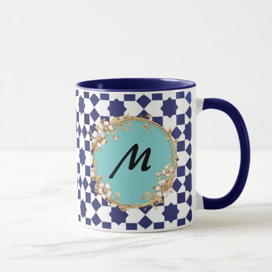 Blue Geometric Pattern Mug with Gold Floral Circle マグカップ (右)
