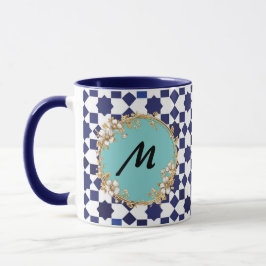 Blue Geometric Pattern Mug with Gold Floral Circle マグカップ