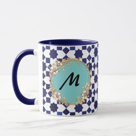 Blue Geometric Pattern Mug with Gold Floral Circle マグカップ (左)