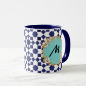 Blue Geometric Pattern Mug with Gold Floral Circle マグカップ (正面右)