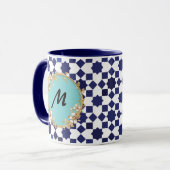 Blue Geometric Pattern Mug with Gold Floral Circle マグカップ (正面左)