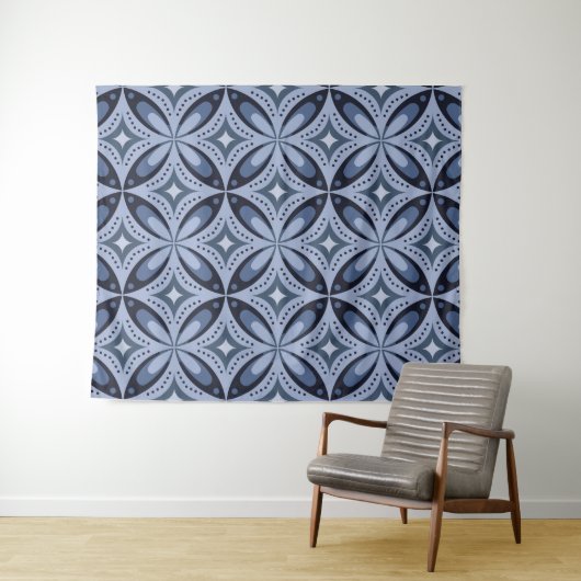 Blue Geometric Pattern Retro Style タペストリー (インサイチュ(横))