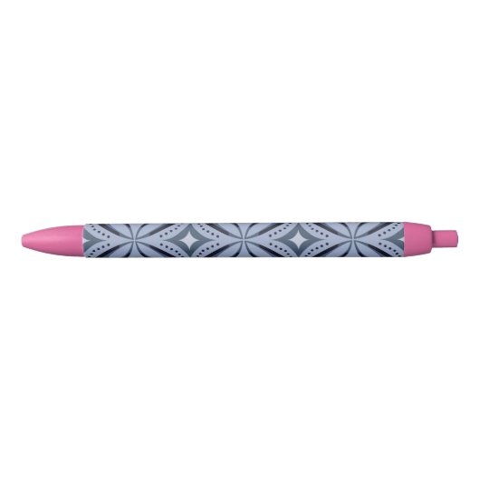 Blue Geometric Pattern Retro Style 黒ボールペン (正面)