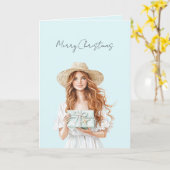 Blue Gift Red Hair Woman Christmas   カード (黄色い花)