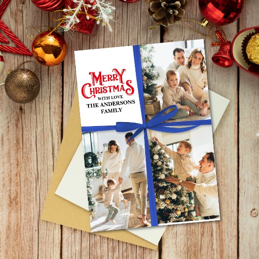 Blue Gift Wrapped Family Photo collage Christmas シーズンカード