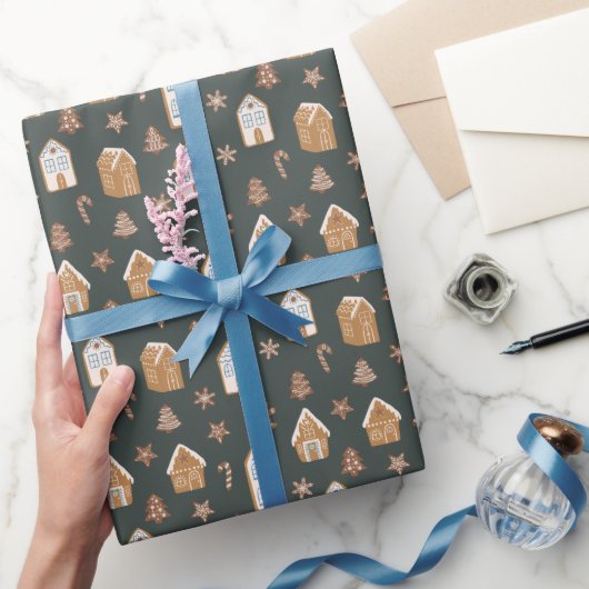 Blue Gingerbread House Christmas Pattern ラッピングペーパー (ギフト)
