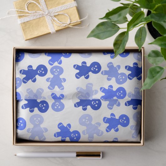Blue Gingerbread Man Pattern on White 薄葉紙 (ギフト)