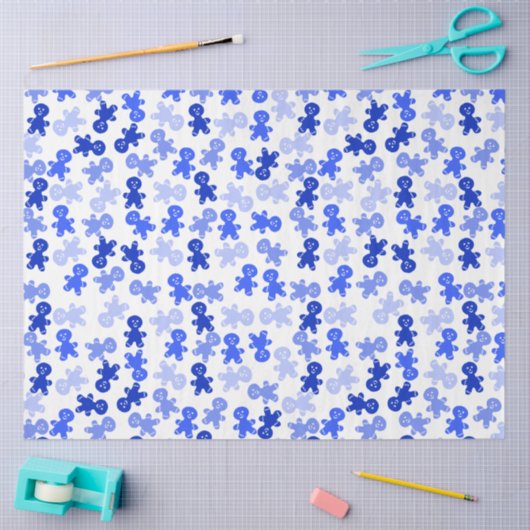 Blue Gingerbread Man Pattern on White 薄葉紙 (クラフト)