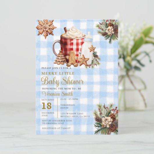 Blue Gingham A Merry Little Baby Shower  招待状 (スタンド正面)