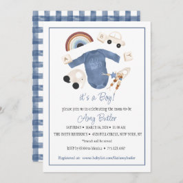 Blue Gingham and Toys Baby Boy Shower Invitation 招待状