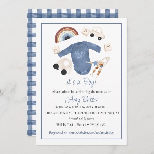 Blue Gingham and Toys Baby Boy Shower Invitation 招待状 (正面/裏面)