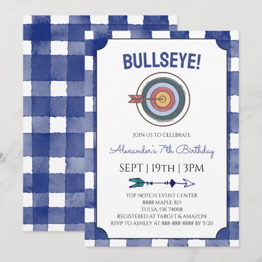 Blue Gingham Archery Birthday Party 招待状 (正面/裏面)