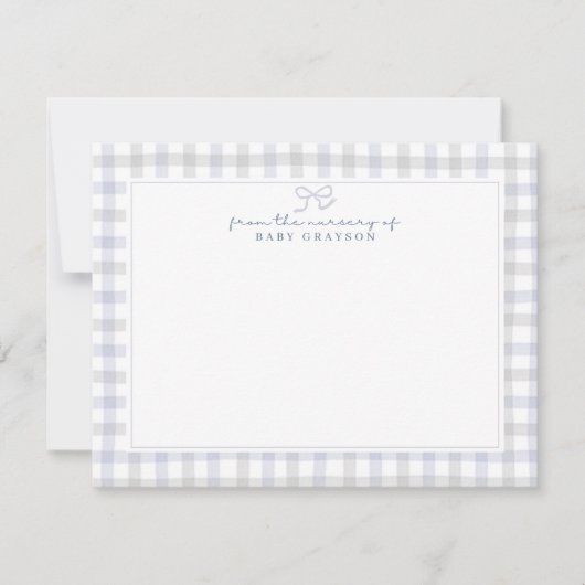 Blue Gingham Baby Boy Nursery Note Card 案内状 (正面)