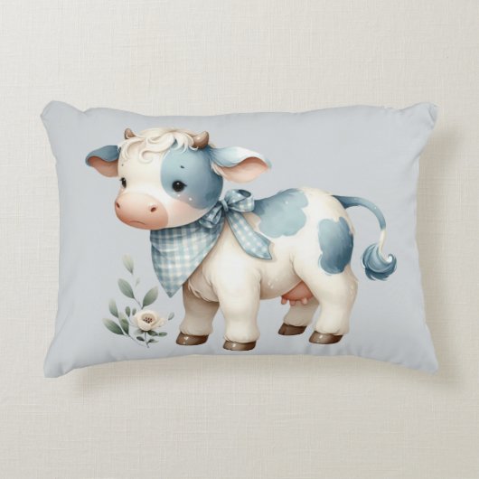 Blue Gingham Baby Cow Pastel Farm Aesthetic アクセントクッション (正面)