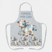 Blue Gingham Baby Cow Pastel Farm Aesthetic エプロン (正面)