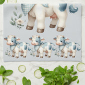 Blue Gingham Baby Cow Pastel Farm Aesthetic キッチンタオル (折り畳み)