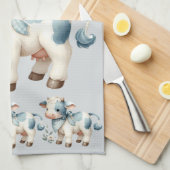 Blue Gingham Baby Cow Pastel Farm Aesthetic キッチンタオル (四つ折り)
