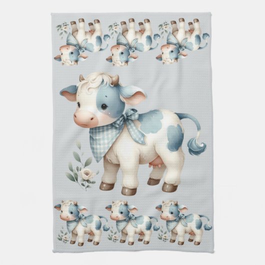 Blue Gingham Baby Cow Pastel Farm Aesthetic キッチンタオル (縦)