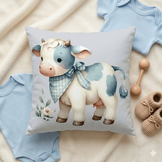Blue Gingham Baby Cow Pastel Farm Aesthetic クッション