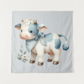 Blue Gingham Baby Cow Pastel Farm Aesthetic タペストリー (正面)