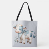 Blue Gingham Baby Cow Pastel Farm Aesthetic トートバッグ (正面)