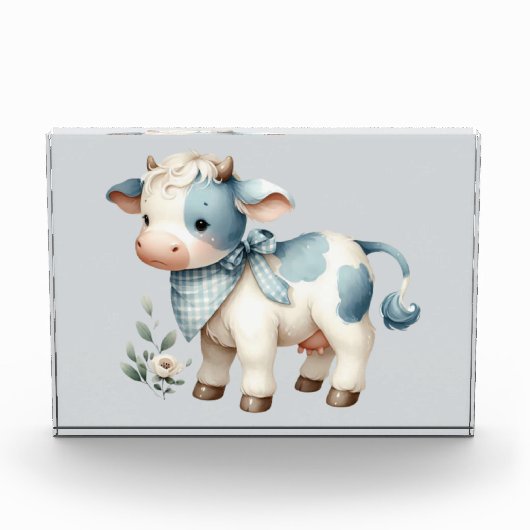 Blue Gingham Baby Cow Pastel Farm Aesthetic フォトブロック (正面)