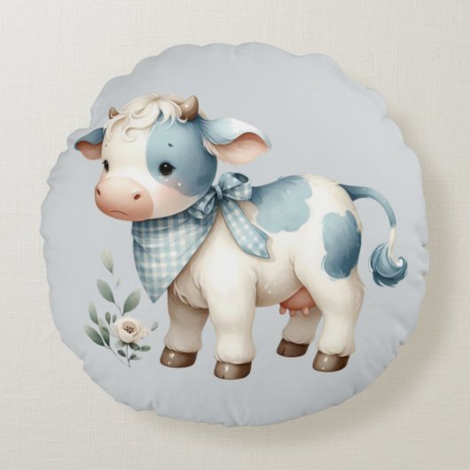Blue Gingham Baby Cow Pastel Farm Aesthetic ラウンドクッション (正面)