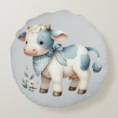 Blue Gingham Baby Cow Pastel Farm Aesthetic ラウンドクッション (裏面)