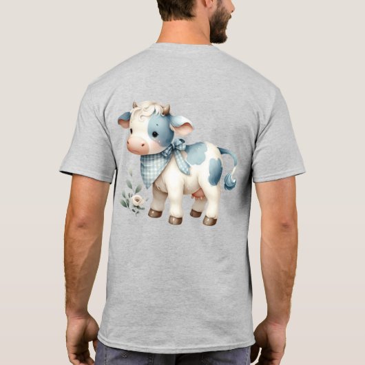 Blue Gingham Baby Cow Pastel Farm Aesthetic Tシャツ (裏面)