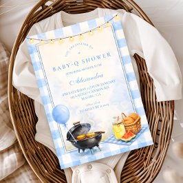Blue Gingham Baby Q Baby Shower 招待状