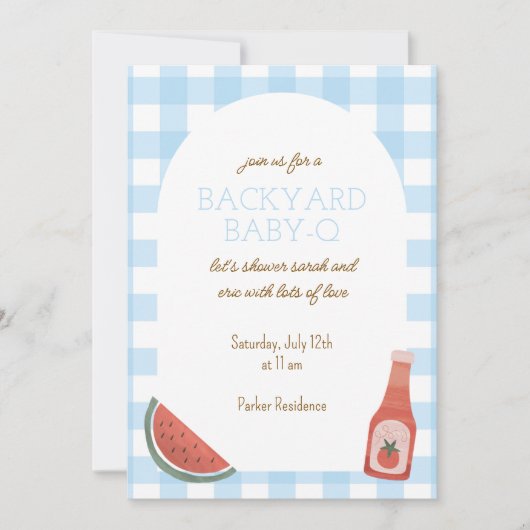 Blue Gingham Baby-Q Baby Shower Invitation 招待状 (正面)