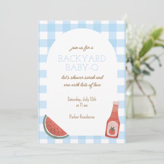 Blue Gingham Baby-Q Baby Shower Invitation 招待状 (スタンド正面)