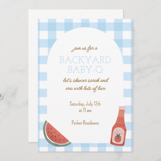 Blue Gingham Baby-Q Baby Shower Invitation 招待状 (正面/裏面)