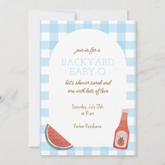 Blue Gingham Baby-Q Baby Shower Invitation 招待状
