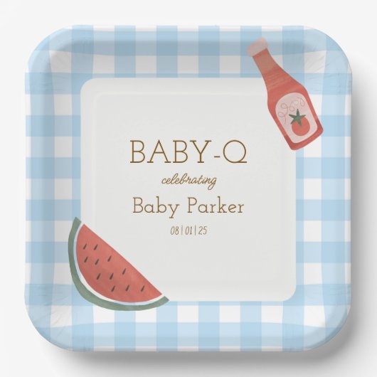 Blue Gingham Baby-Q Square Plate ペーパープレート (正面)