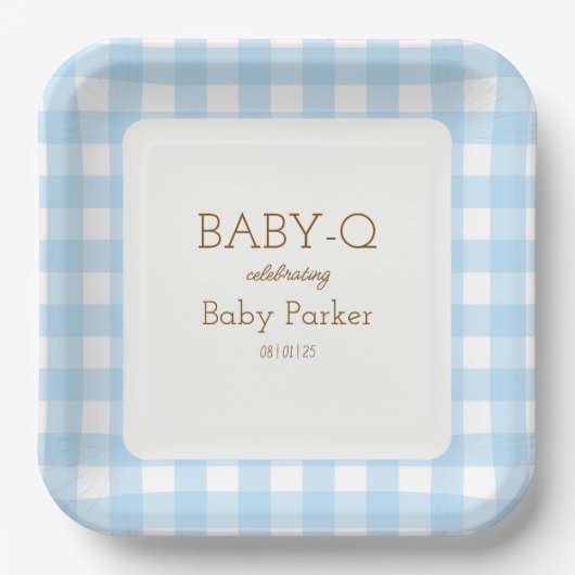 Blue Gingham Baby-Q Square Plate 2 ペーパープレート (正面)