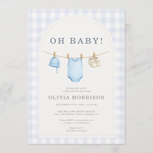Blue Gingham Baby Shower 招待状 (正面)