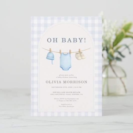 Blue Gingham Baby Shower 招待状 (スタンド正面)