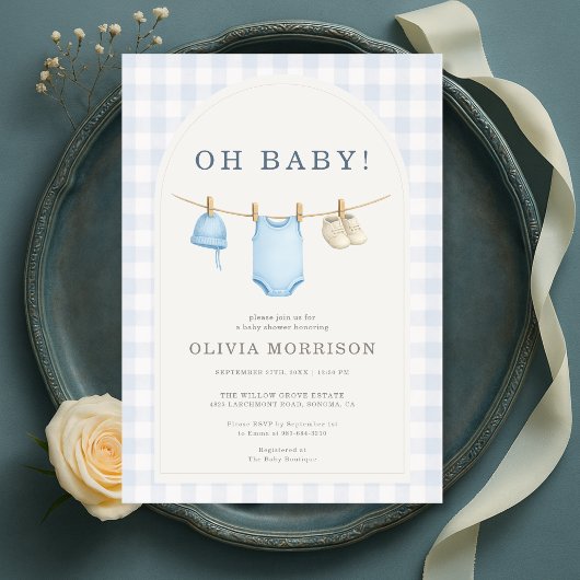 Blue Gingham Baby Shower 招待状