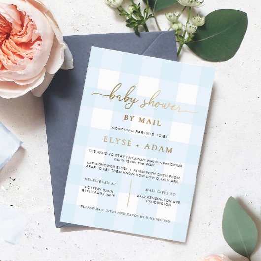 Blue Gingham Baby Shower By Mail Foil Invitation 箔招待状