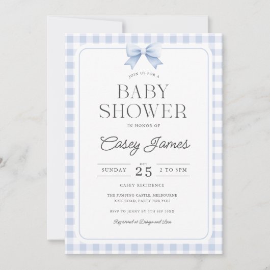 Blue Gingham Baby Shower Invitation 招待状 (正面)