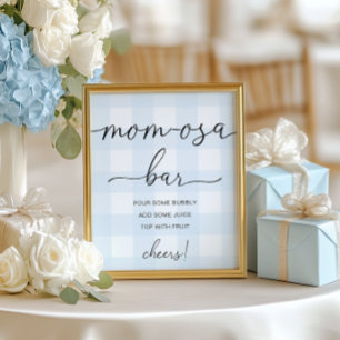 Blue Gingham Baby Shower Mom-osa Bar Sign ポスター