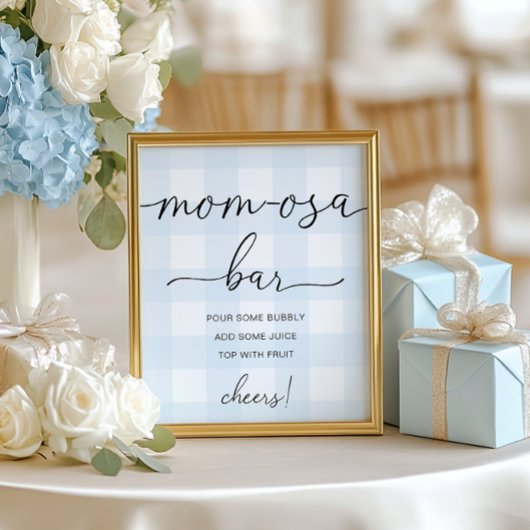 Blue Gingham Baby Shower Mom-osa Bar Sign ポスター