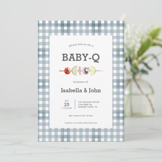 Blue Gingham Barbecue Baby Shower Invitation 招待状 (スタンド正面)