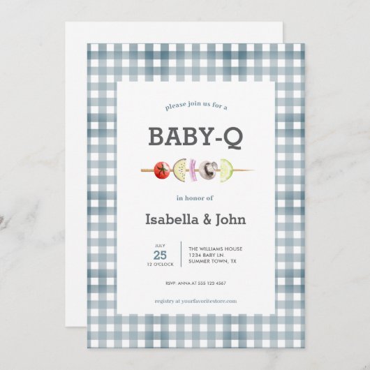 Blue Gingham Barbecue Baby Shower Invitation 招待状 (正面/裏面)