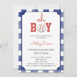 Blue Gingham Baseball Baby Shower 招待状