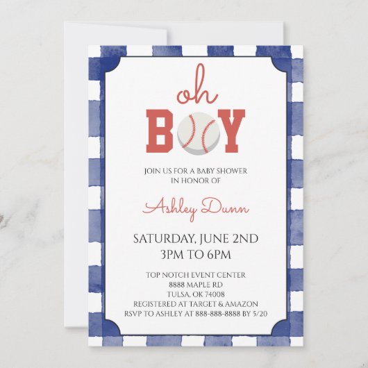Blue Gingham Baseball Baby Shower 招待状 (正面)