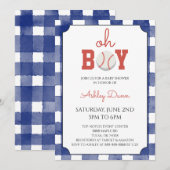 Blue Gingham Baseball Baby Shower 招待状 (正面/裏面)
