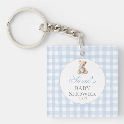 Blue Gingham Bear Baby Shower キーホルダー (正面)